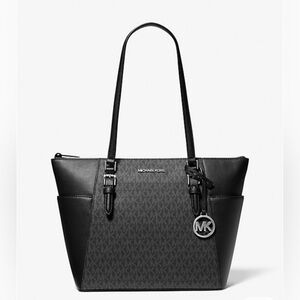 Michael Kors Charlotte Large Logo and Leather Top-Zip Tote Bag